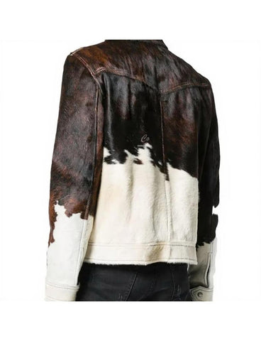 Women’s Hairon Cowhide Leather Jacket – Western Brown & White Hide Coat with Shirt Collar, Button Closure & Front Pockets
