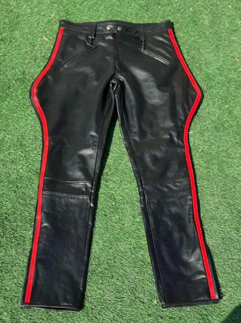 Men’s Black and Red Leather Breeches – 100% Real Leather Jodhpur Pants – Stylish Biker or Equestrian Leather Trousers