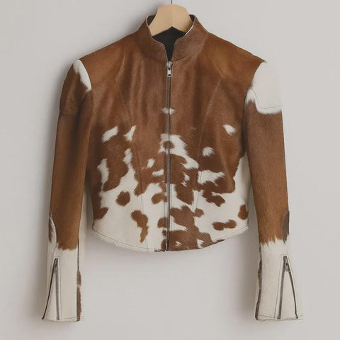 Women’s Genuine Cowhide Leather Jacket | Natural Hair-On Cow Skin Coat | Unique Animal Print  Jacket | Stylish Luxury Gift for Her
