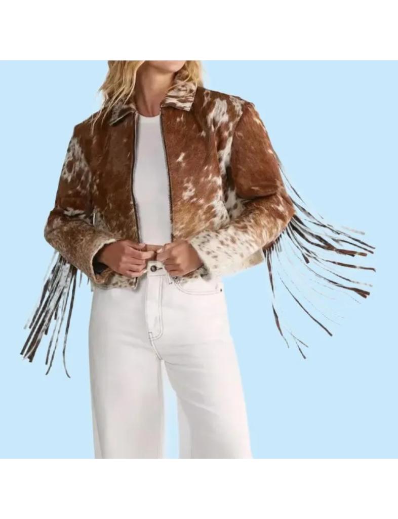 Women’s Hairon Cowhide Leather Jacket – Western Brown & White Hide Coat with Shirt Collar, Button Closure & Front Pockets