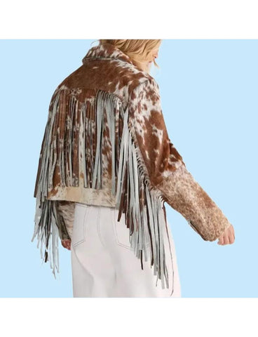 Women’s Hairon Cowhide Leather Jacket – Western Brown & White Hide Coat with Shirt Collar, Button Closure & Front Pockets