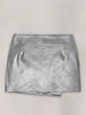 Custom Silver Metallic Lambskin Mini Skirt – Asymmetrical Wrap Style with Side Zip