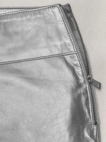 Custom Silver Metallic Lambskin Mini Skirt – Asymmetrical Wrap Style with Side Zip