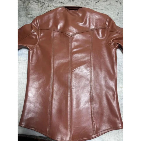 Men’s Brown Slim Fit Leather Shirt | Handmade Genuine Cowhide Button-Up | Soft Leather Outfit | Gift for Him
