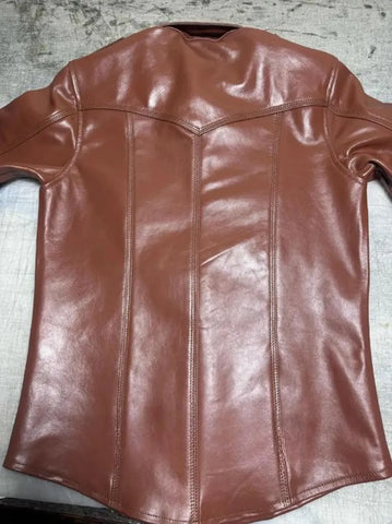 Men’s Brown Slim Fit Leather Shirt | Handmade Genuine Cowhide Button-Up | Soft Leather Outfit | Gift for Him