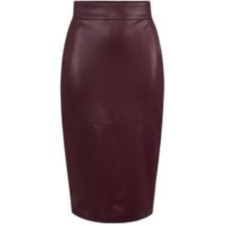 High-Waisted Burgundy Leather Pencil Skirt – Knee/Midi Length, Elegant & Figure-Flattering