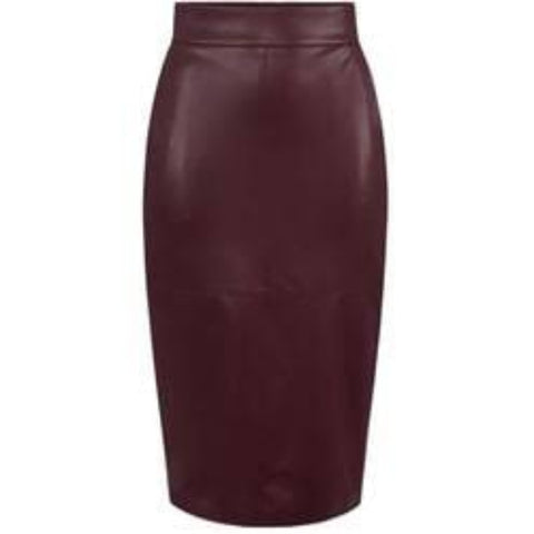High-Waisted Burgundy Leather Pencil Skirt – Knee/Midi Length, Elegant & Figure-Flattering