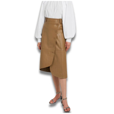 Genuine Leather Asymmetrical Wrap Midi Skirt – Front Button Closure & Sleek Finish