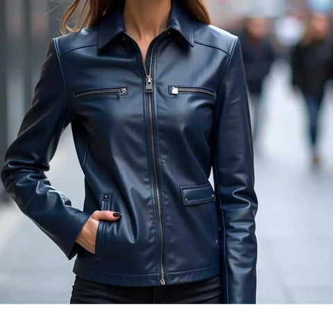 Elegant Women’s Genuine Leather Jacket – Slim Fit Modern Outerwear