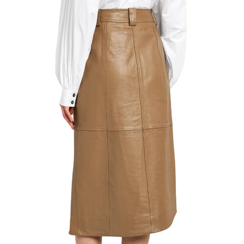 Genuine Leather Asymmetrical Wrap Midi Skirt – Front Button Closure & Sleek Finish