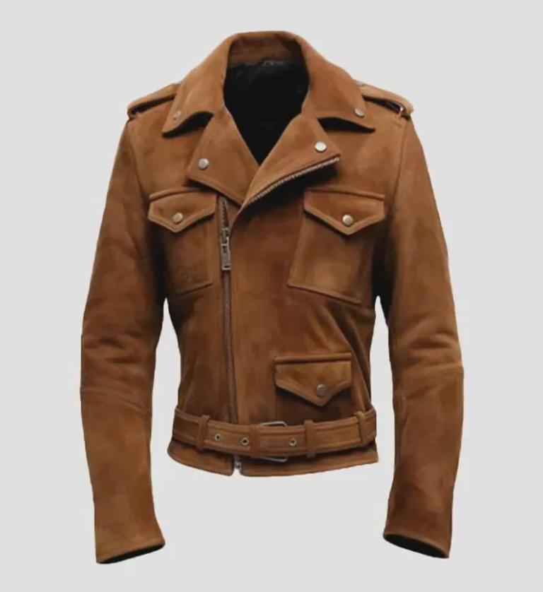 Men’s Brown Suede Leather Biker Jacket | Handmade Vintage Moto Coat | Genuine Suede Belted Outerwear with Viscose Lining