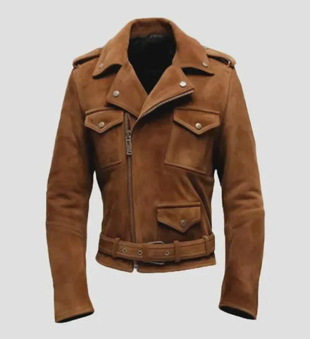 Men’s Brown Suede Leather Biker Jacket | Handmade Vintage Moto Coat | Genuine Suede Belted Outerwear with Viscose Lining