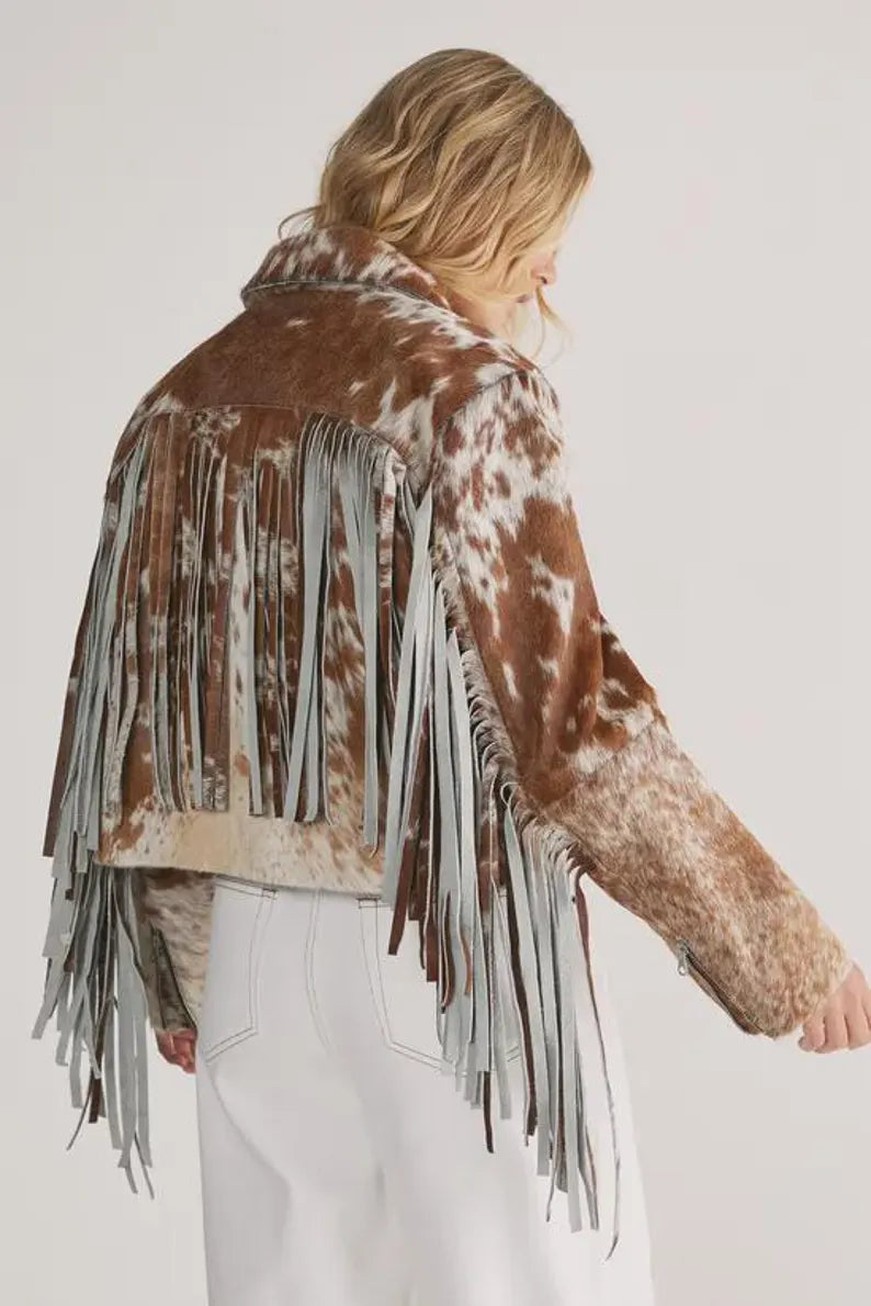 Cowhide Fringe Leather Jacket for Women | Genuine Hair-On Cow Skin Coat | Western Animal Print Jacket | Unique Stylish Gift for Her
