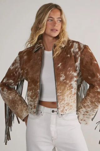 Cowhide Fringe Leather Jacket for Women | Genuine Hair-On Cow Skin Coat | Western Animal Print Jacket | Unique Stylish Gift for Her