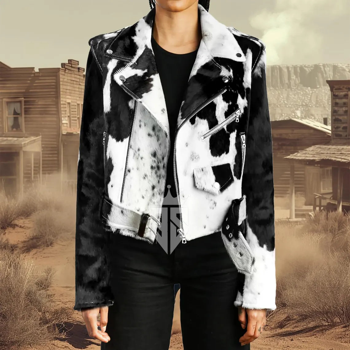 Women’s Genuine Cowhide Leather Jacket | Black & White Hair-On Cow Skin Biker Coat | Western Style Animal Print Jacket | Handmade Luxury