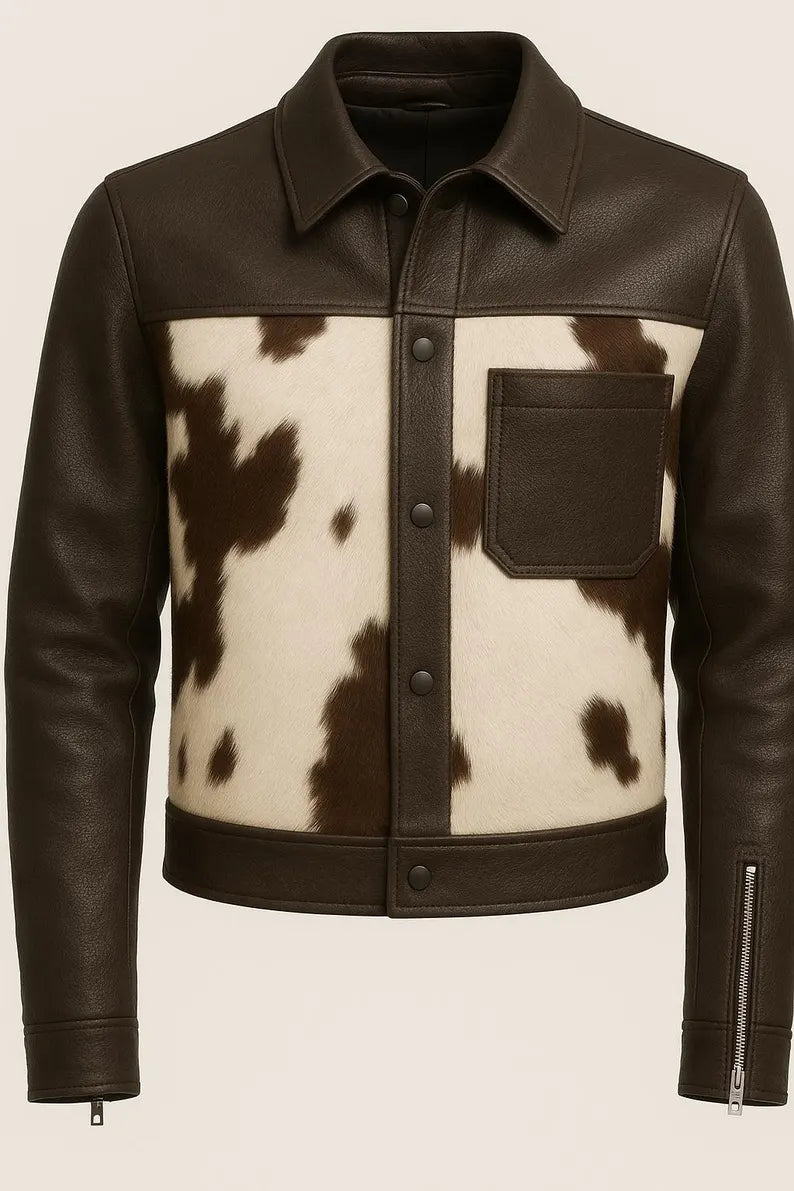 Men’s Hairon Cowhide Leather Jacket – Handmade Western Style | Dark Brown & White with Shirt Collar | Classic Durable Winter Outerwear