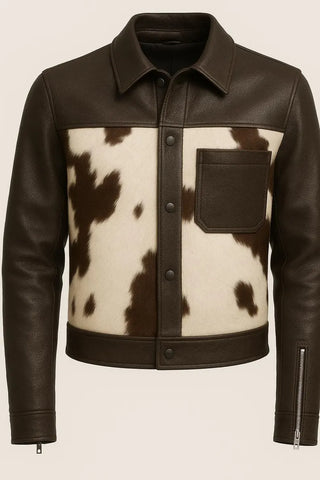 Men’s Hairon Cowhide Leather Jacket – Handmade Western Style | Dark Brown & White with Shirt Collar | Classic Durable Winter Outerwear