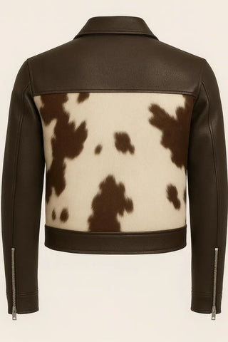 Men’s Hairon Cowhide Leather Jacket – Handmade Western Style | Dark Brown & White with Shirt Collar | Classic Durable Winter Outerwear