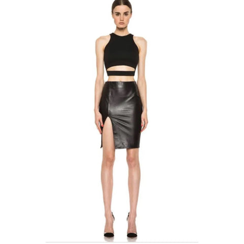 Genuine Leather Pencil Skirt – High Waist, Bodycon Fit with Dramatic High Side Slit & Paneled Design