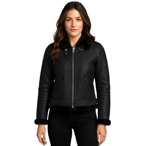 Black Shearling Bomber Jacket for  Women | Aviator Style Real Shearling Leather Winter Jacket