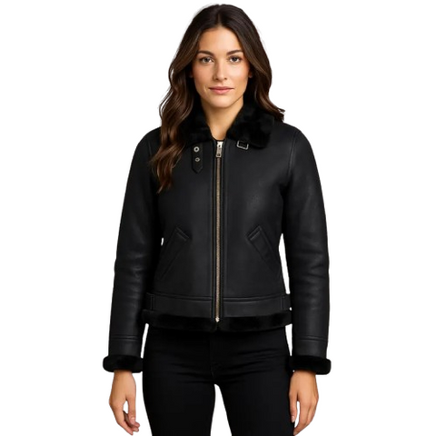 Black Shearling Bomber Jacket for  Women | Aviator Style Real Shearling Leather Winter Jacket