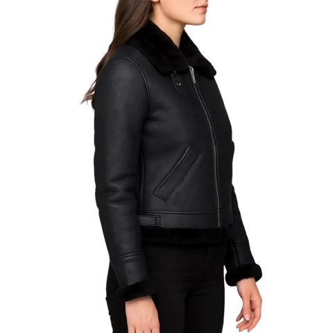 Black Shearling Bomber Jacket for  Women | Aviator Style Real Shearling Leather Winter Jacket