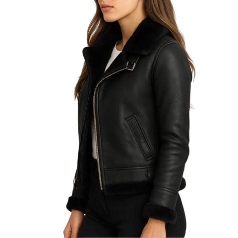 Black Shearling Bomber Jacket for  Women | Aviator Style Real Shearling Leather Winter Jacket