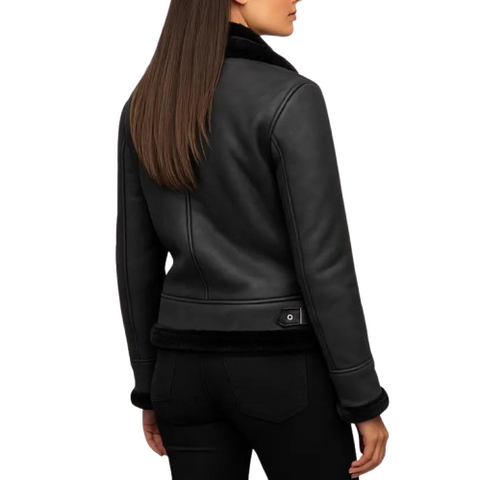 Black Shearling Bomber Jacket for  Women | Aviator Style Real Shearling Leather Winter Jacket