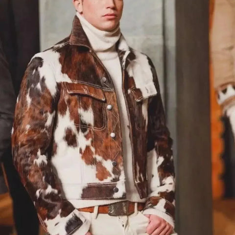Men’s Genuine Cowhide Leather Jacket | Natural Hair-On Cow Skin Coat | Western Style Animal Print Jacket | Luxury Handmade Outerwear
