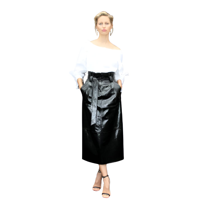 High-Waisted Paper bag Leather Midi Skirt – Self-Tie Belt with Functional Front Pockets