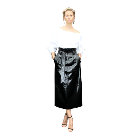High-Waisted Paper bag Leather Midi Skirt – Self-Tie Belt with Functional Front Pockets