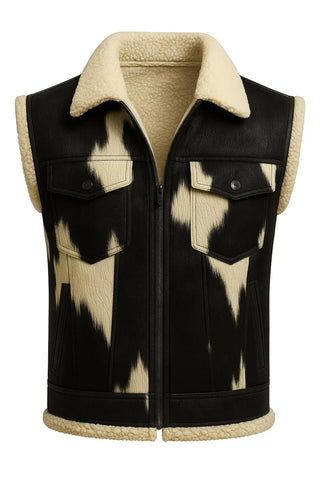 Men’s 90s Cowhide Leather Shearling Vest – Black & White Hairon Hide | Vintage Western Style Handmade Fur Lined Winter Outerwear