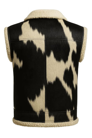 Men’s 90s Cowhide Leather Shearling Vest – Black & White Hairon Hide | Vintage Western Style Handmade Fur Lined Winter Outerwear