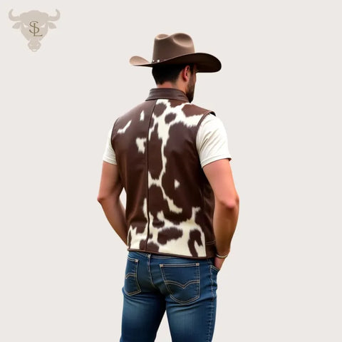 Men’s Genuine Cowhide Leather Vest – Handmade Brown & White Hair-On Hide Western Style Sleeveless Jacket with Unique Natural Patterns