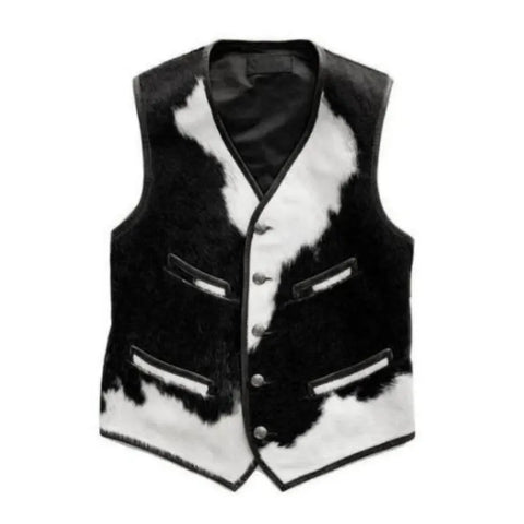Men’s Black Cowhide Leather Vest – Handmade Hair-On Hide Sleeveless Jacket with Classic Western Style & Unique Natural Texture