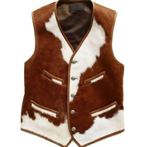 Men’s Genuine Cowhide Leather Vest – Handmade Brown & White Hair-On Hide Western Style Sleeveless Jacket with Unique Natural Patterns