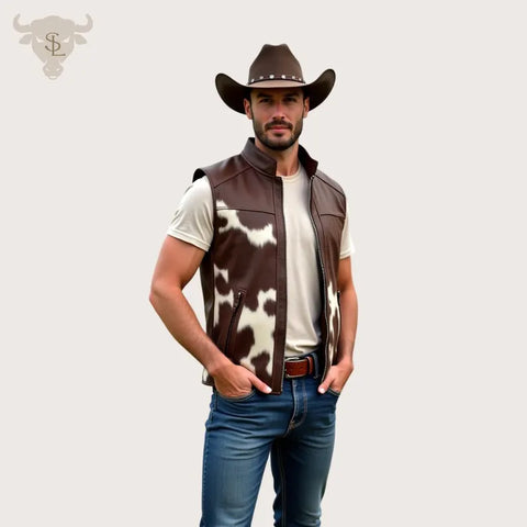 Men’s Genuine Cowhide Leather Vest – Handmade Brown & White Hair-On Hide Western Style Sleeveless Jacket with Unique Natural Patterns