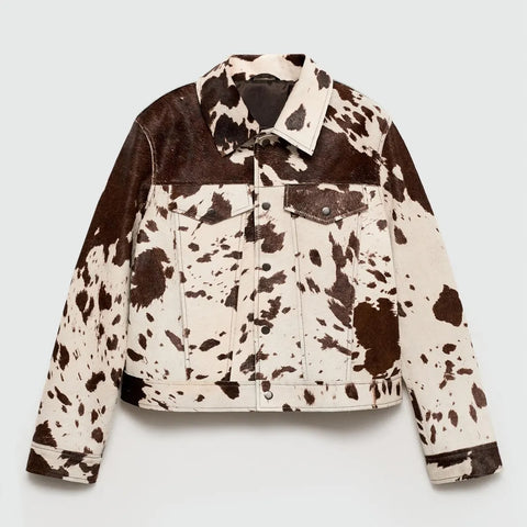 Genuine Cowhide Leather Jacket for Women – Natural Hair-On Cow Skin Coat, Western Rodeo Style Outerwear, Unique Handmade Fashion Jacket