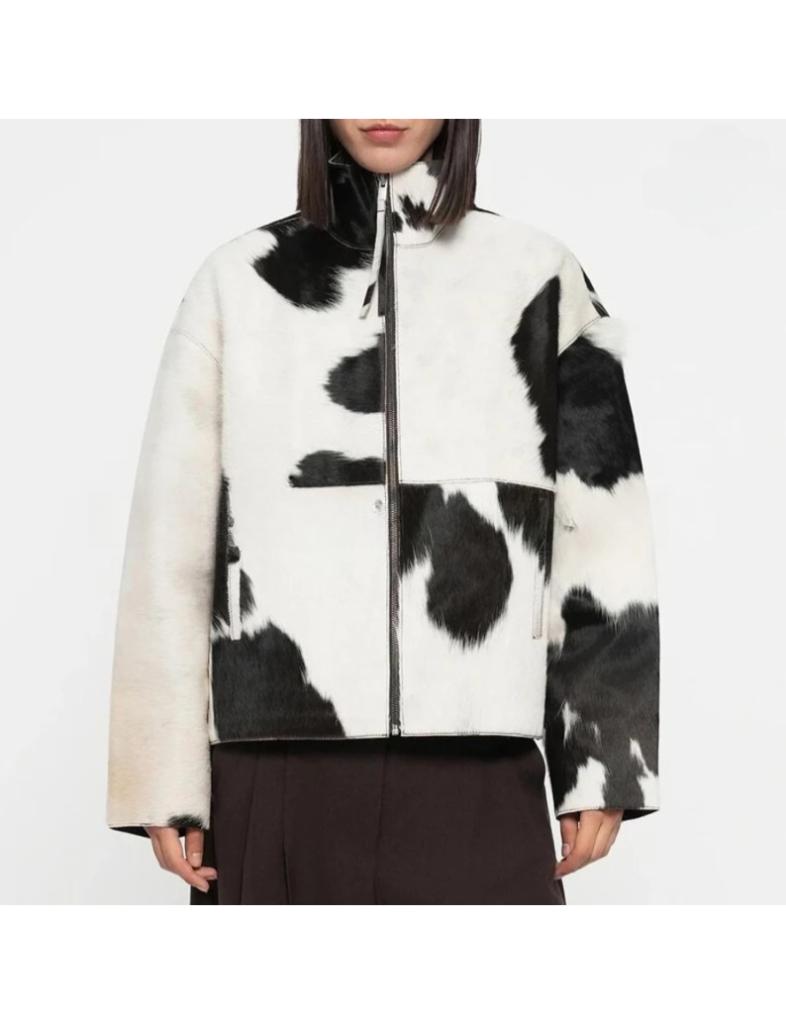 Women’s Genuine Cowhide Leather Jacket – Handmade Western Style, Durable Outerwear with Unique Hair-On Hide Pattern