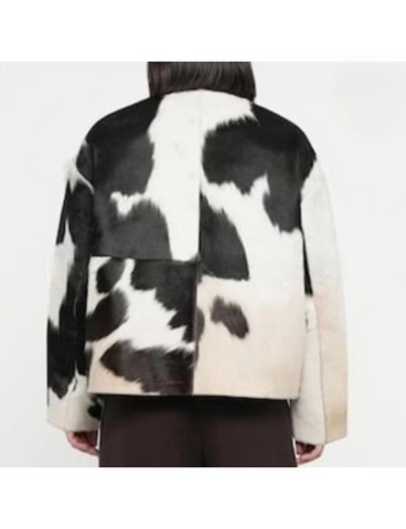 Women’s Genuine Cowhide Leather Jacket – Handmade Western Style, Durable Outerwear with Unique Hair-On Hide Pattern