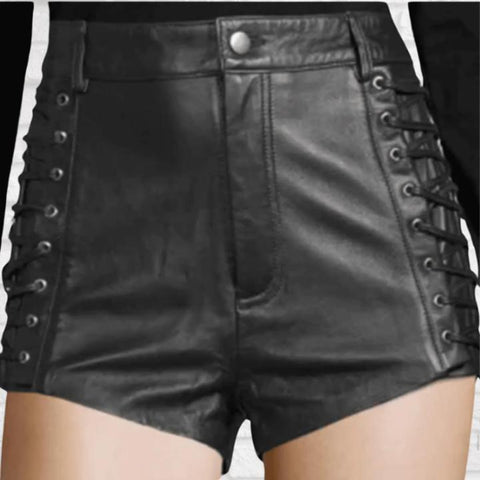 Black Leather Lace-Up Shorts for Women – High-Waisted Genuine Leather Hot Pants with Side Lacing, Edgy Festival & Streetwear Look