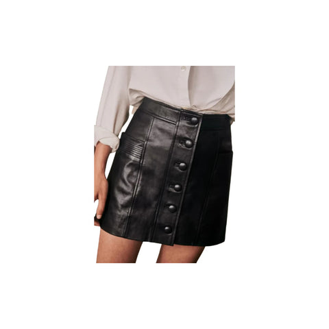 Genuine Leather Mini Skirt – Straight Silhouette, Front Buttons & Side Patch Pockets