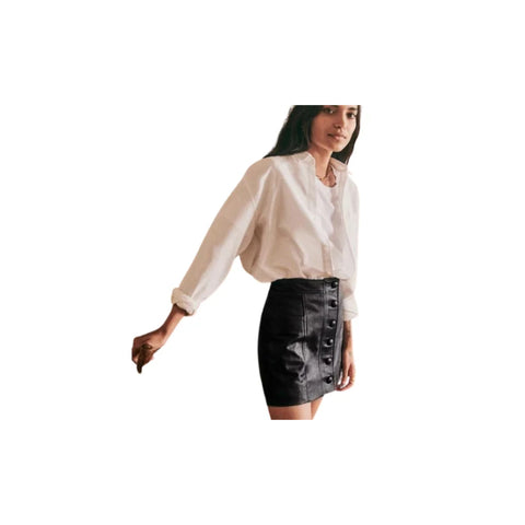 Genuine Leather Mini Skirt – Straight Silhouette, Front Buttons & Side Patch Pockets
